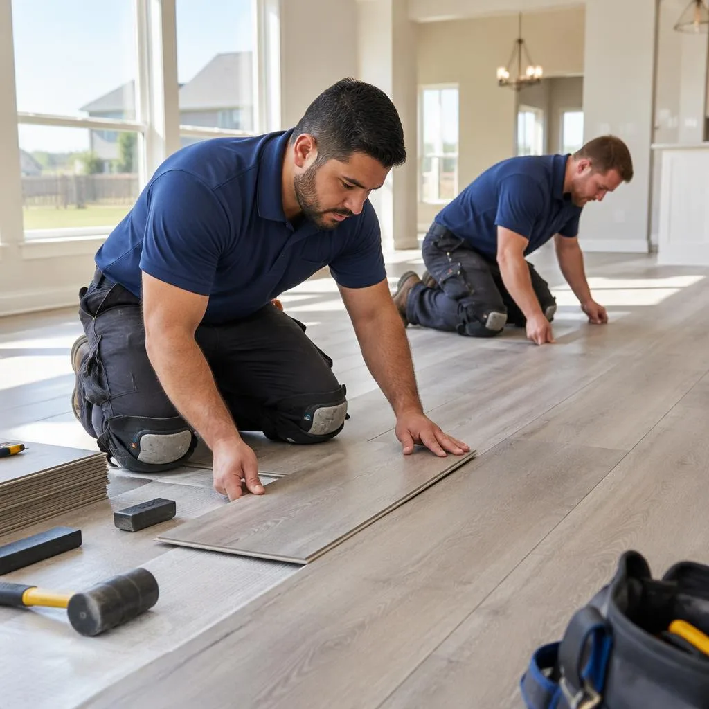 Craftsman carefully installing quality hardwood flooring