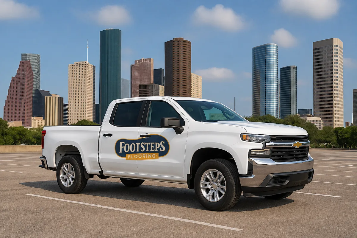 Footsteps Flooring work truck in front of the Houston skyline